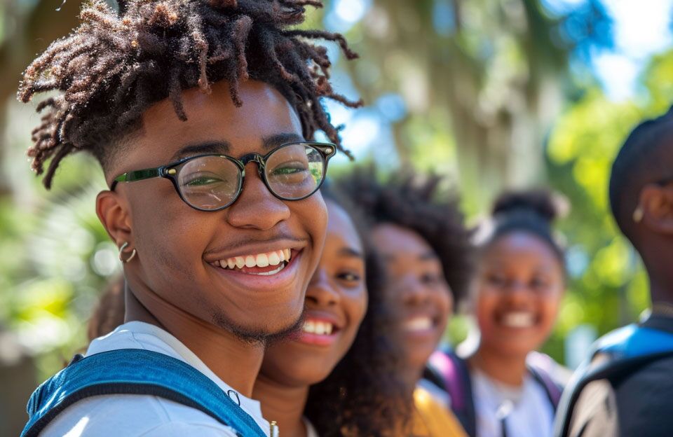 Smiling Teenage Boy Sunglasses Taking Notes Looking Away While